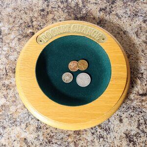 Vintage Wooden Pocket Change Oak Tray Coin Bowl, With Green Felt Lining, Mancave